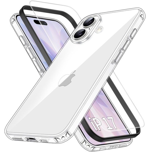 Eakanern For iPhone 17 ケース クリア【ガラスフィルム付き・ガイド枠付き】 【米軍MIL規格 SGS認証】 iPhone 17 透明 ケース 耐久性 黄ばみ防止 ワイヤレス充電可能 スマホケース ストラップホール付き （6.3インチ）