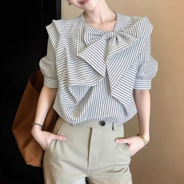designer striped ruffle sleeve blouse＜t3149＞