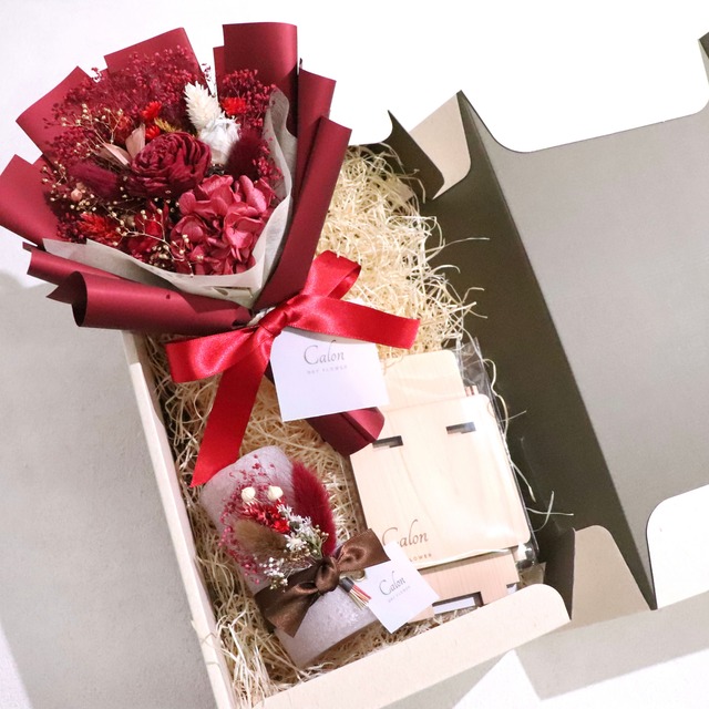 ドライフラワー花束S×キャンドル×スタンド  ギフト3点セット【レッド】