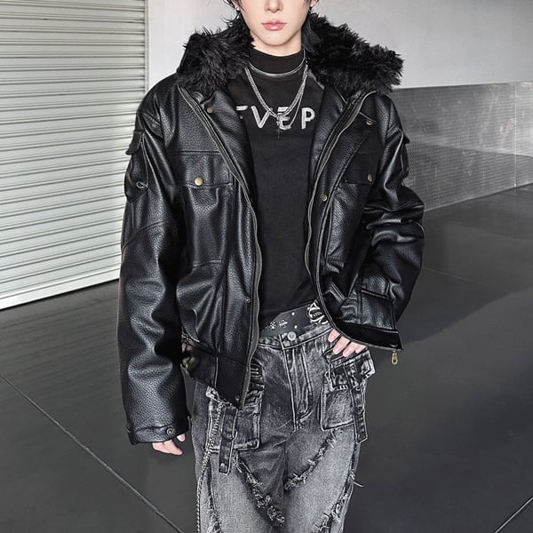 ファーエッジスリットフーディPUジップアップキルティングジャケット(ruf_02625)