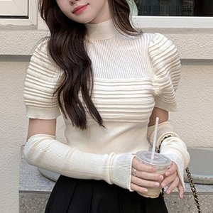 リブニットトップス レディース アームウォーマー付き リブニット パフスリーブ ハイネック 大人可愛い ママコーデ  韓国 オルチャン 人気 トレンド 新作 20代 30代 40代 きれいめ レトロ シンプル お出かけ デート おしゃれ 通勤 通学 オフィス OL デイリー 普段着 ラフ カジュアル フェミニン シック ゆったり 体型カバー 着痩せ 着回し インスタ映え 春 秋 冬 CO5076