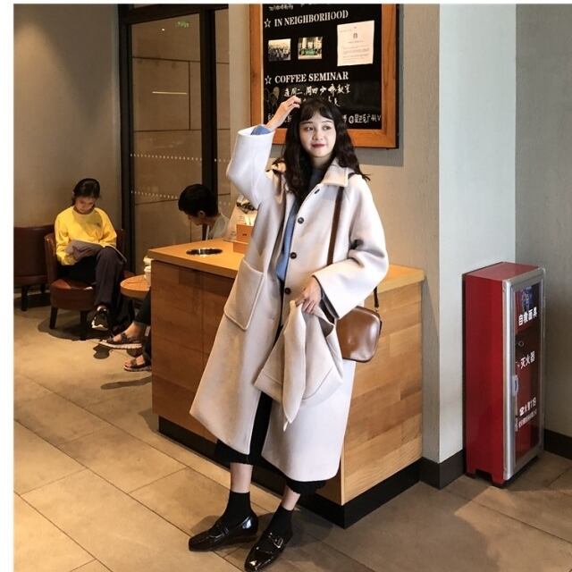 韓国 ファッション レディース 秋冬 ロングコート キャメル ピンク