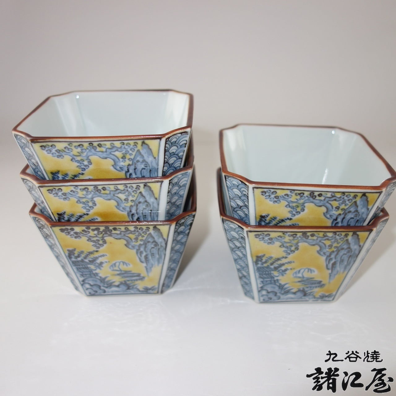 九谷焼 寛山作 角鉢揃 黄地山水文 | 九谷焼と和食器の通販サイト