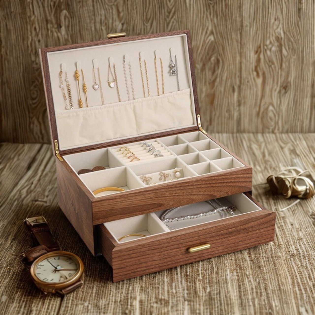 木のジュエリーボックス ジュエリーボックス ２層 大型アクセサリーボックス アクセサリー収納 ブレスレット リング ピアス ネックレス イヤリング 木製 卓上収納 北欧 木製家具