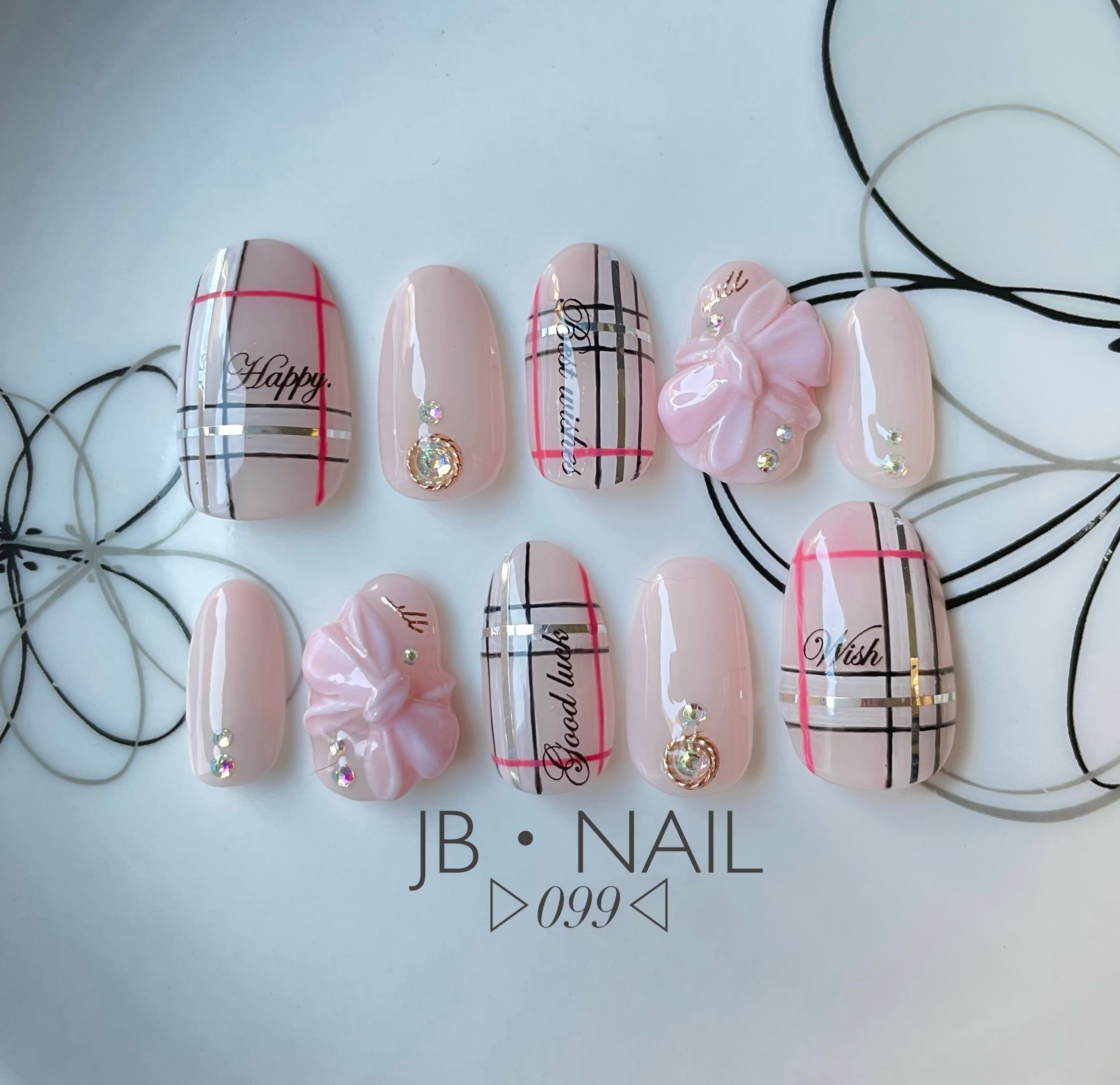 現品 古く No 882 ネイルチップ リボン チェック 淡色 ニュアンス  