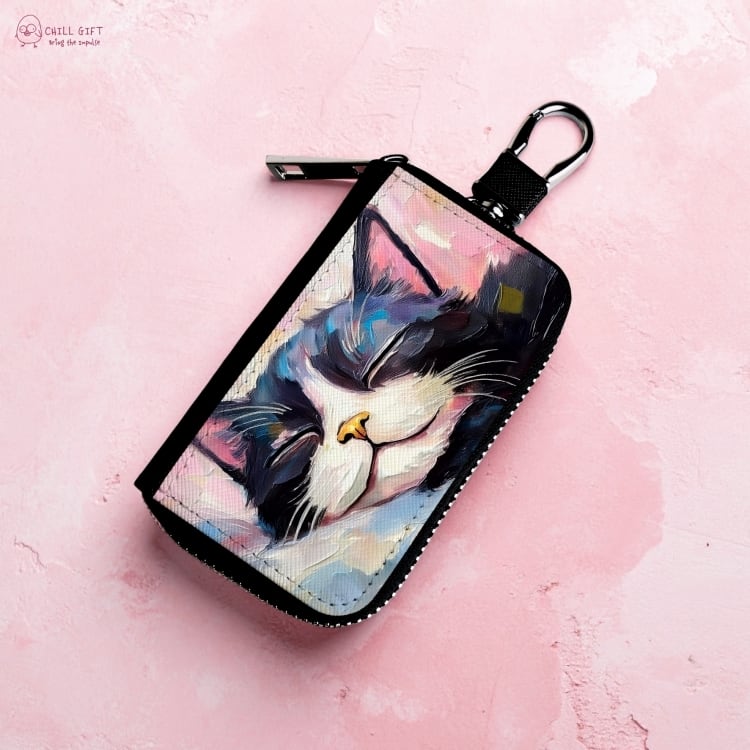 手のひらの中の絵画展~爆睡中のハチワレさん~ スマートキーケース キーカバー キーホルダー プチギフト