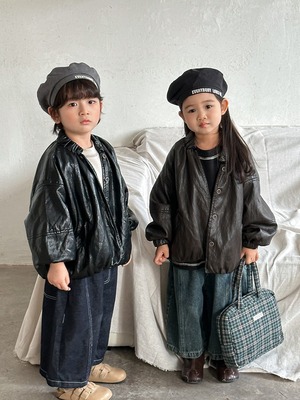 《取寄》 ジップアップPUレザージャケット （ブラック／ブラウン） JIAY 2025秋 韓国子供服 アウター ジャケット パーカー 上着 フェイクレザー （80~140cm）