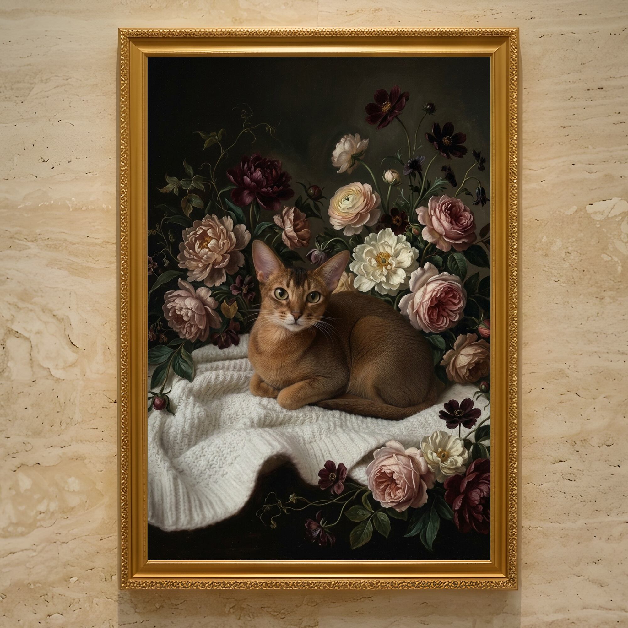 猫（アビシニアン）の花に囲まれた油絵風アート A3額装インテリア
