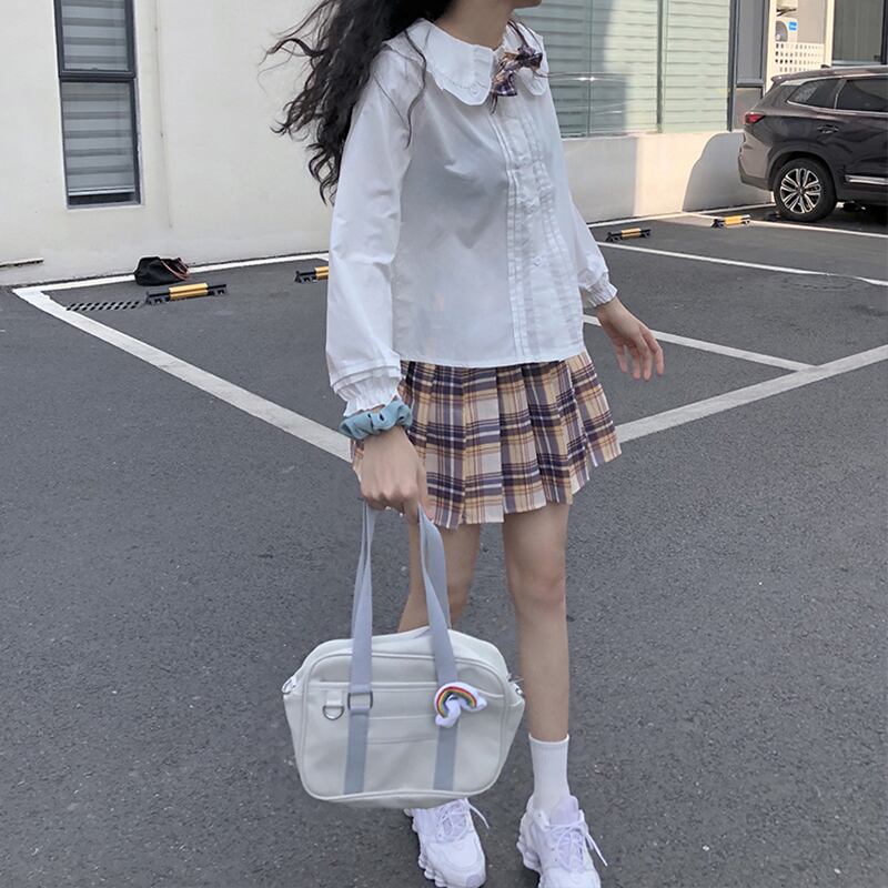 レースカラーシャツ セット オータムウェスト格子柄プリーツスカート 大人ガーリー スウィート キュート カジュアル 秋物 萌量不足59615853874