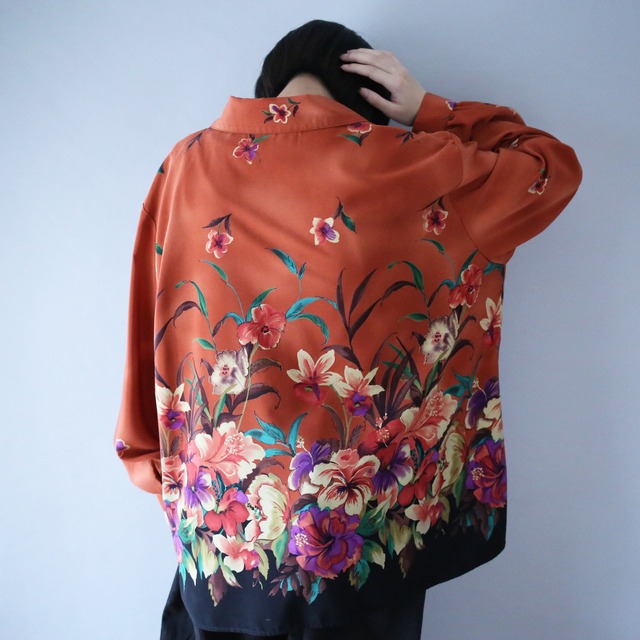 beautiful flower art pattern loose silhouette open collar shirt