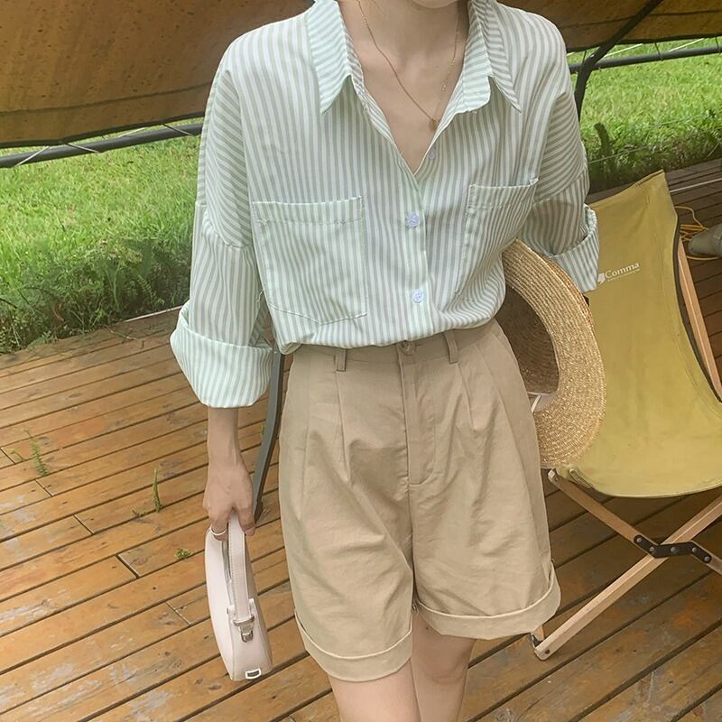 シャツ トップス サマー薄手ルーズストライプ 大人ガーリー スウィート キュート カジュアル 夏物 1号婦人4235589319