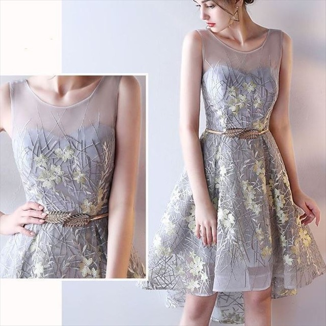 【期間限定セール★47%OFF/国内即納・即日配送】パーティードレス 結婚式 スーツ 母 ドレス ワンピース 母親 親族 フォーマルドレス 青 ブルー グレー ミニ 花柄 膝丈 ミモレ 袖なし シースルー 花 刺繍 和風 フィッシュテール ウエディング ワンピ セクシー クール レトロ 結婚式 成人式 花嫁  d187