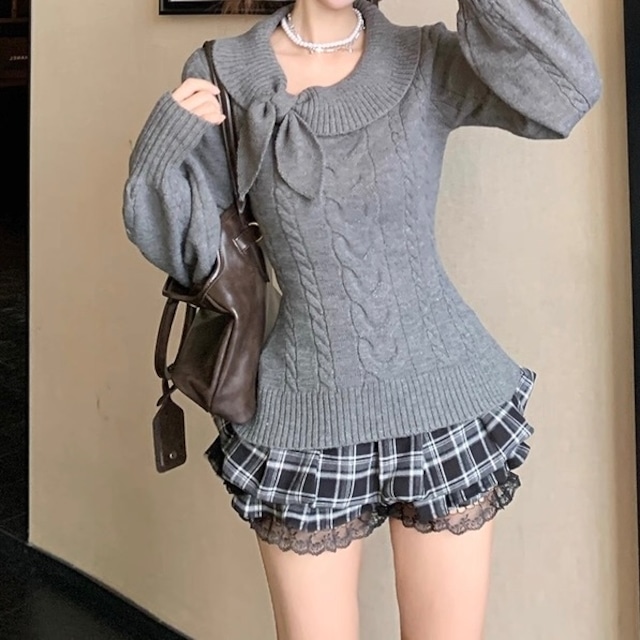 リボンカラーケーブルニット　C251