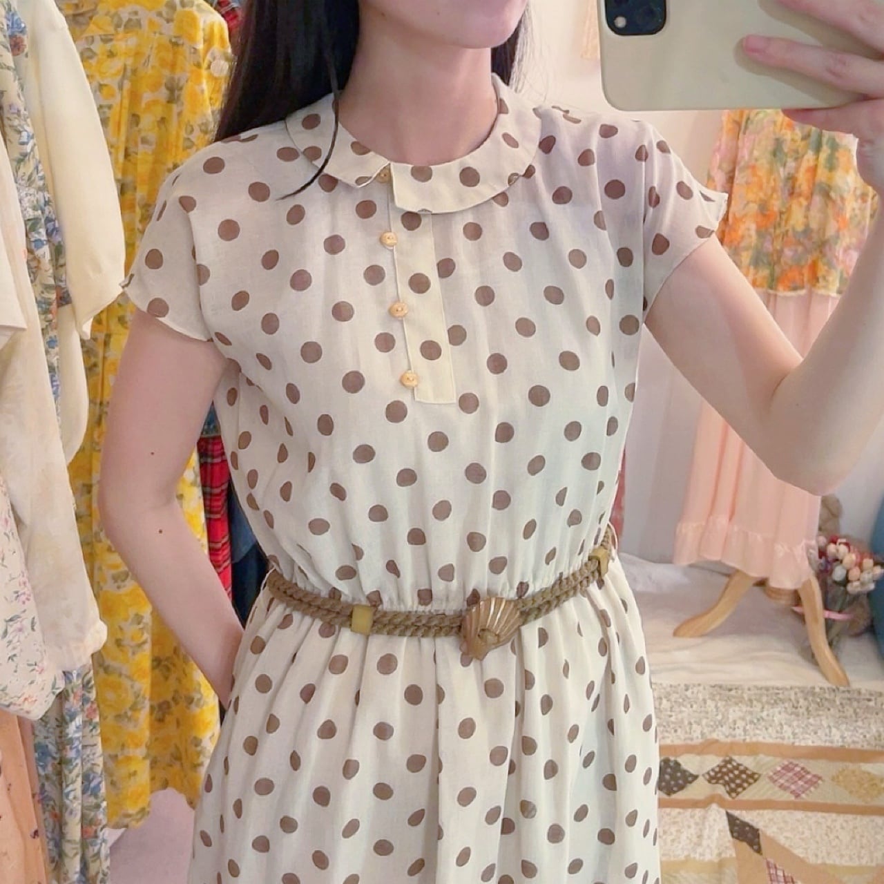 shell belt brown dot one-piece