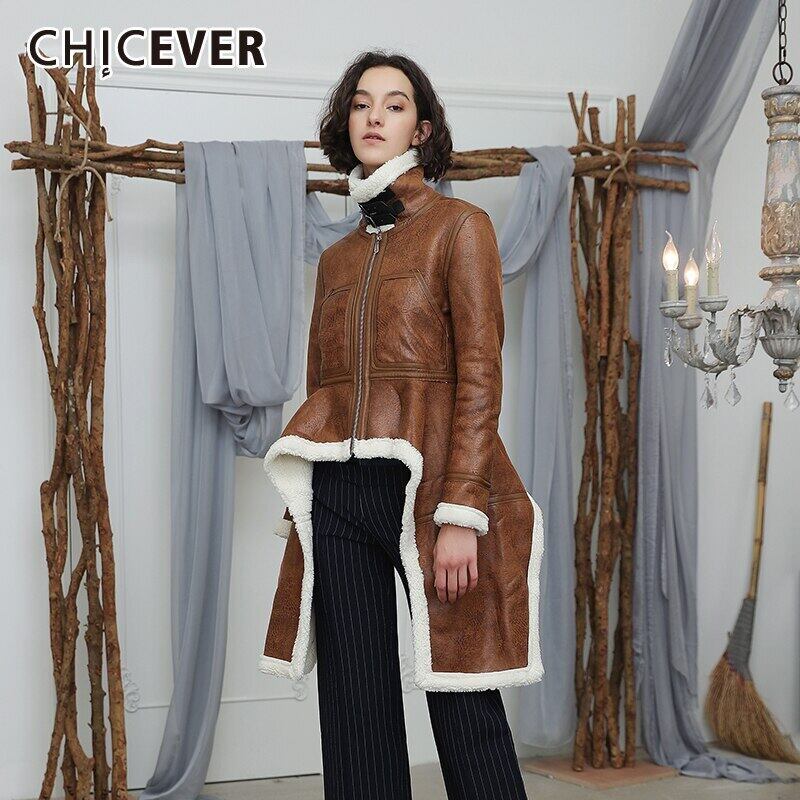 CHICEVERキャメルオーバーコートレディースタートルネック長袖パッチワークヒットカラーウエスト非対称裾コート2020タイド ロング 6base575131362275