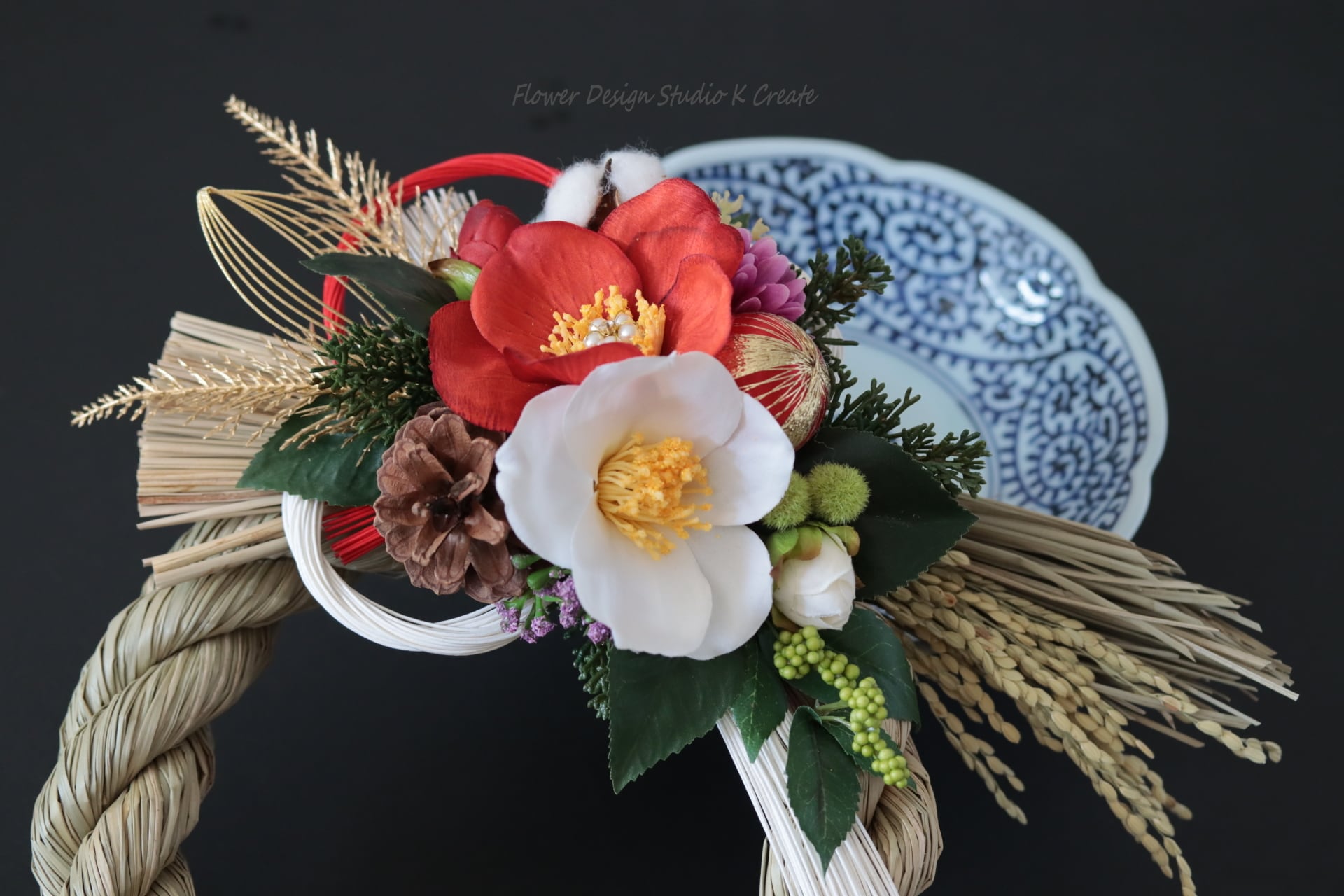 しめ縄リース　白　赤椿　柄扇　水引 しめ縄リース 白 赤椿 柄扇 水引 【公式通販】