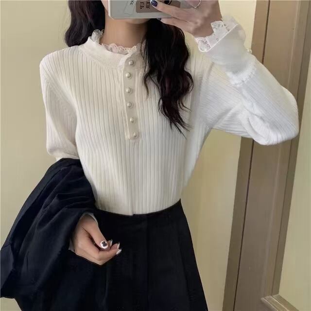 パールボタン　レース付きリブニット  AJ−12541-072