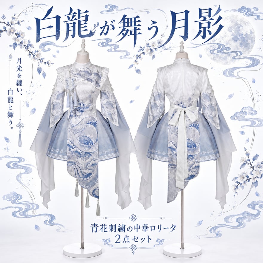 【早割11月5日まで】白龍が舞う月影 青花刺繍の中華ロリータ2点セット
