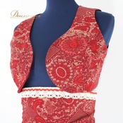 【美品 フラメンコ衣装】レッド SONIA JOHNES ソニアジョーンズ 上下セット ファルダ チャレコ 赤茶色 ボランテ アイボリー