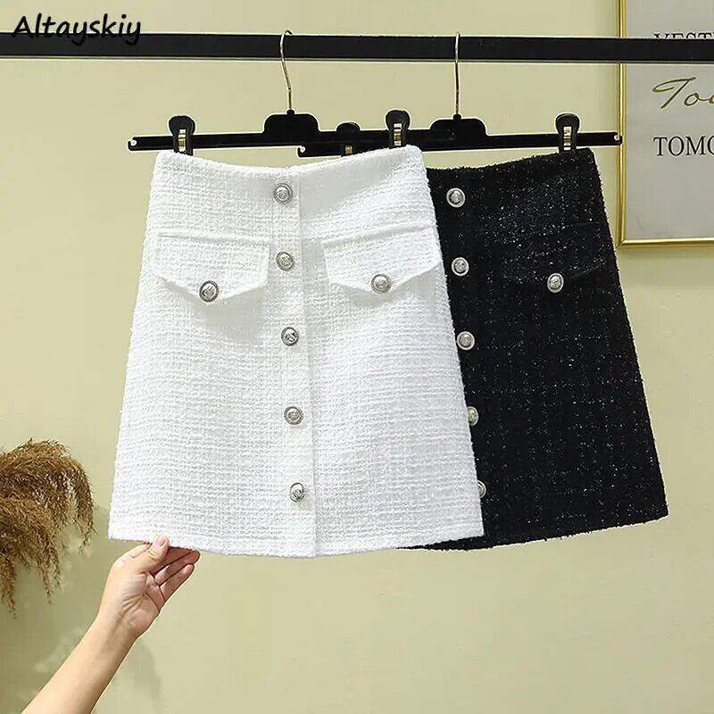 【新作】【送料無料】 ウールミニスカート女性エレガントなオフィスレディファッションハイウエスト秋冬段段オールマッチ韓国スタイルボタンカジュアル A ライン 0344775158024