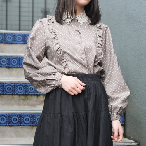 RETRO VINTAGE DOT PATTERNED LACE COLLAR DESIGN BLOUSE/レトロ古着ドット柄レース襟デザインブラウス