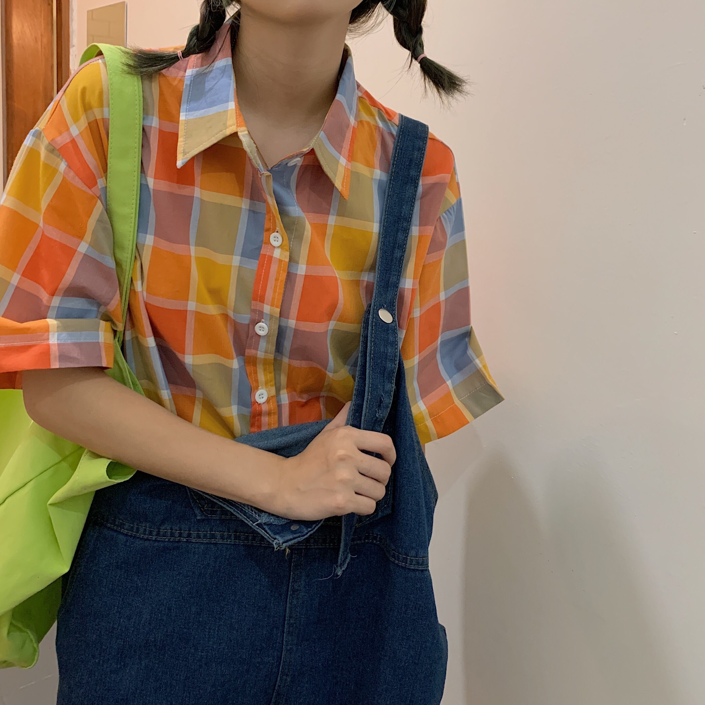 カラー格子柄シャツ サマースタンダードカジュアルルーズ レトロ 夏物 クレセントシティ7217374085