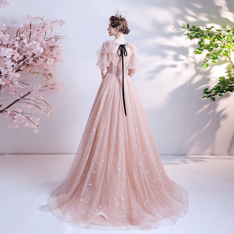 上品！パーティードレス ピンク パフスリーブ 短トレーン プリンセスライン ロングドレス エレガント 可愛い シアーな美しさ