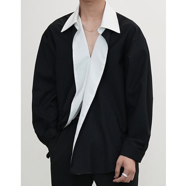 【予約販売】シャツ 長袖 トップス メンズ ブラック カーキ バイカラー デザインシャツ こなれ感 カジュアル シンプル モード お洒落 こなれ感 韓国 トレンド 春 夏 秋 M/L/XL