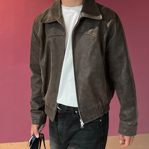 レトロショートブラウンフェイクレザーブルゾン　994