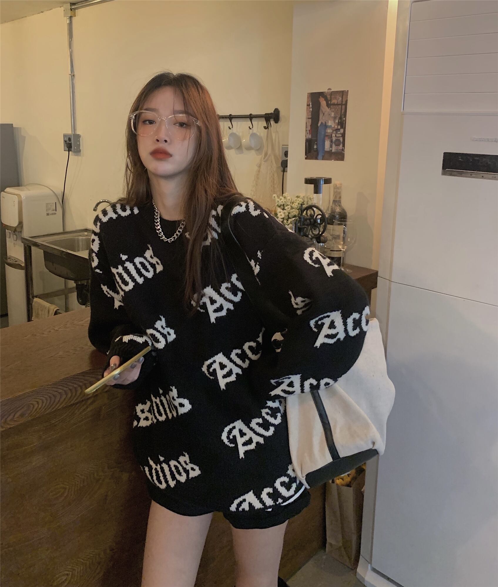 セーター ジャケット オータムウィンタースタンダードスタイルルーズプルオーバー トップス レトロ 秋物 冬物 ブラックストロベリース22414872783