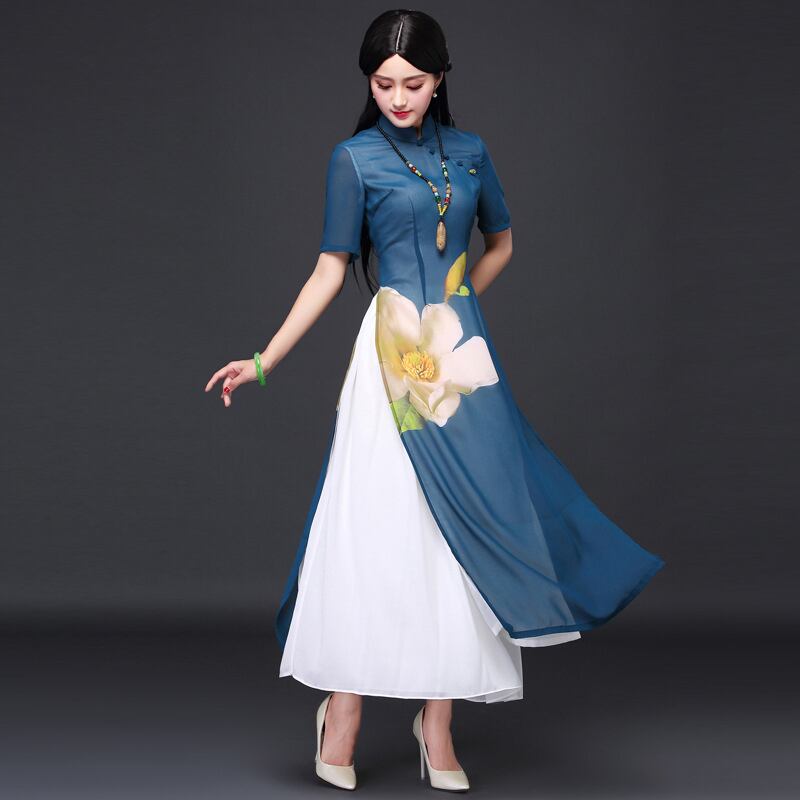 アオザイ ロングワンピース サイドスリット 民族風 エレガント 花柄 結婚式 披露宴 お呼ばれ ブルー S Elegant