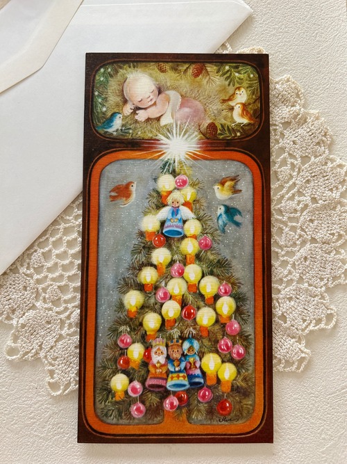 フランスVintage Joyeux Noël. メッセージカード 見開きタイプクリスマスツリー ベツレヘムの星 イエスキリスト  額装 コラージュ