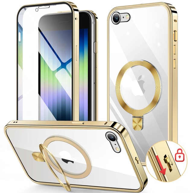 HGUTREY【スタンド機能付き・アクションボタン】iPhone SE3 SE2 用ケース 第3世代 2022 第2世代 両面 ロック付き(ゴールド)