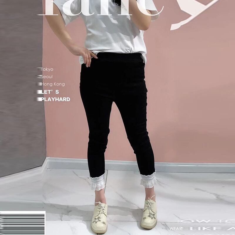 ストレッチウェストレースカジュアルクロップド エラスティック 伸縮 大きめサイズ 大人ガーリー スウィート キュート ステッチ ミックスインファッション80515051170