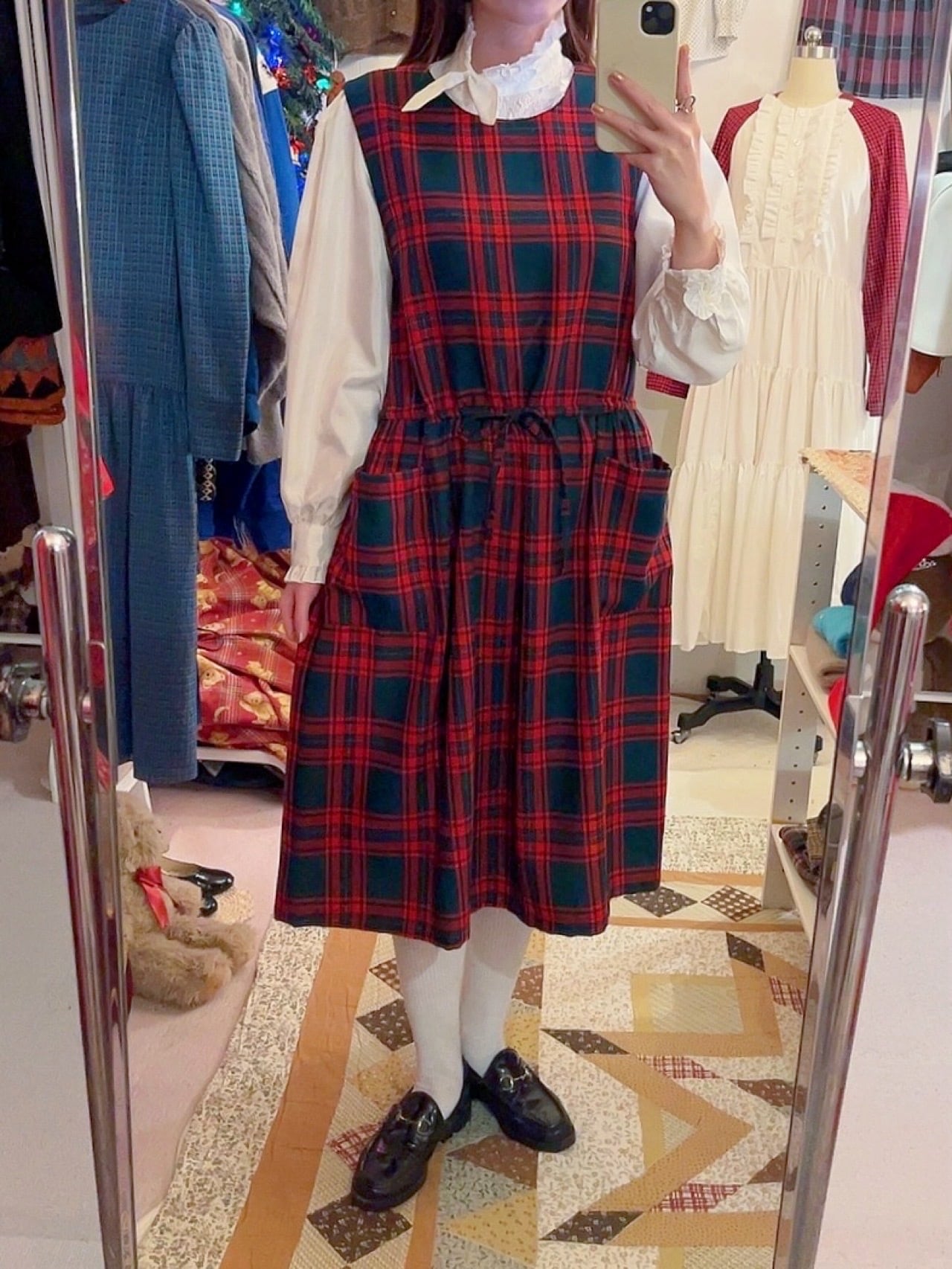 red check back button jumper skirt