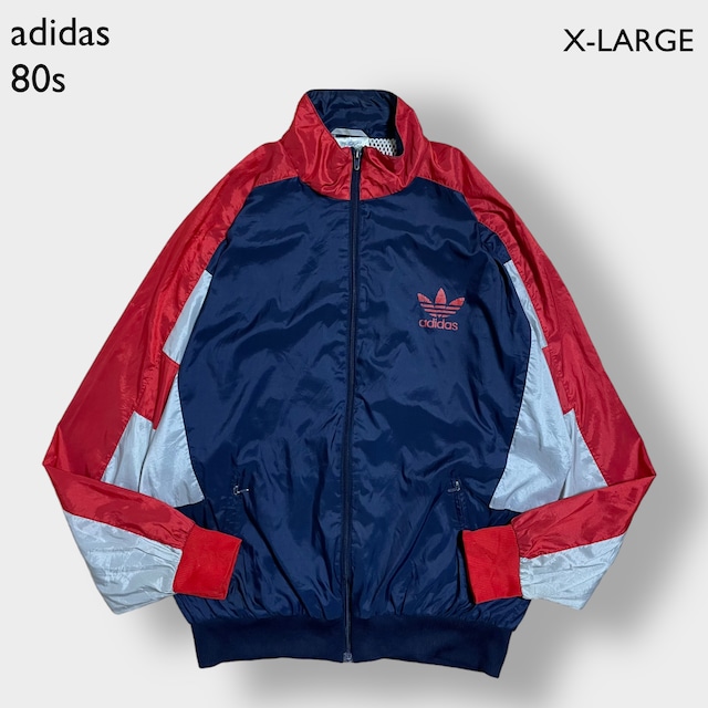 adidas 80s 銀タグ ブルゾン ジャンパー ナイロンジャケット 万国旗タグ マルチカラー ワンポイントロゴ トレフォイル メッシュ XL ビンテージ アディダス US古着