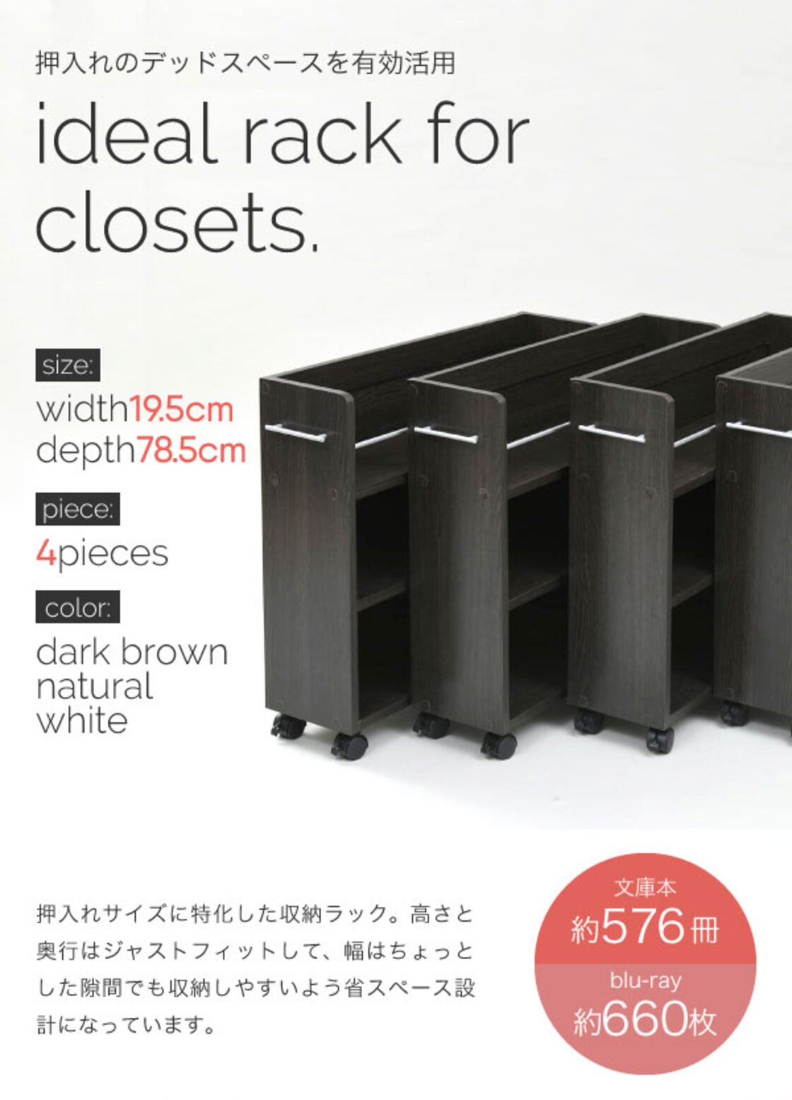 キャスター付き 収納 押入れ ラック 本棚 4個セット 幅19.5 奥行78 .5 