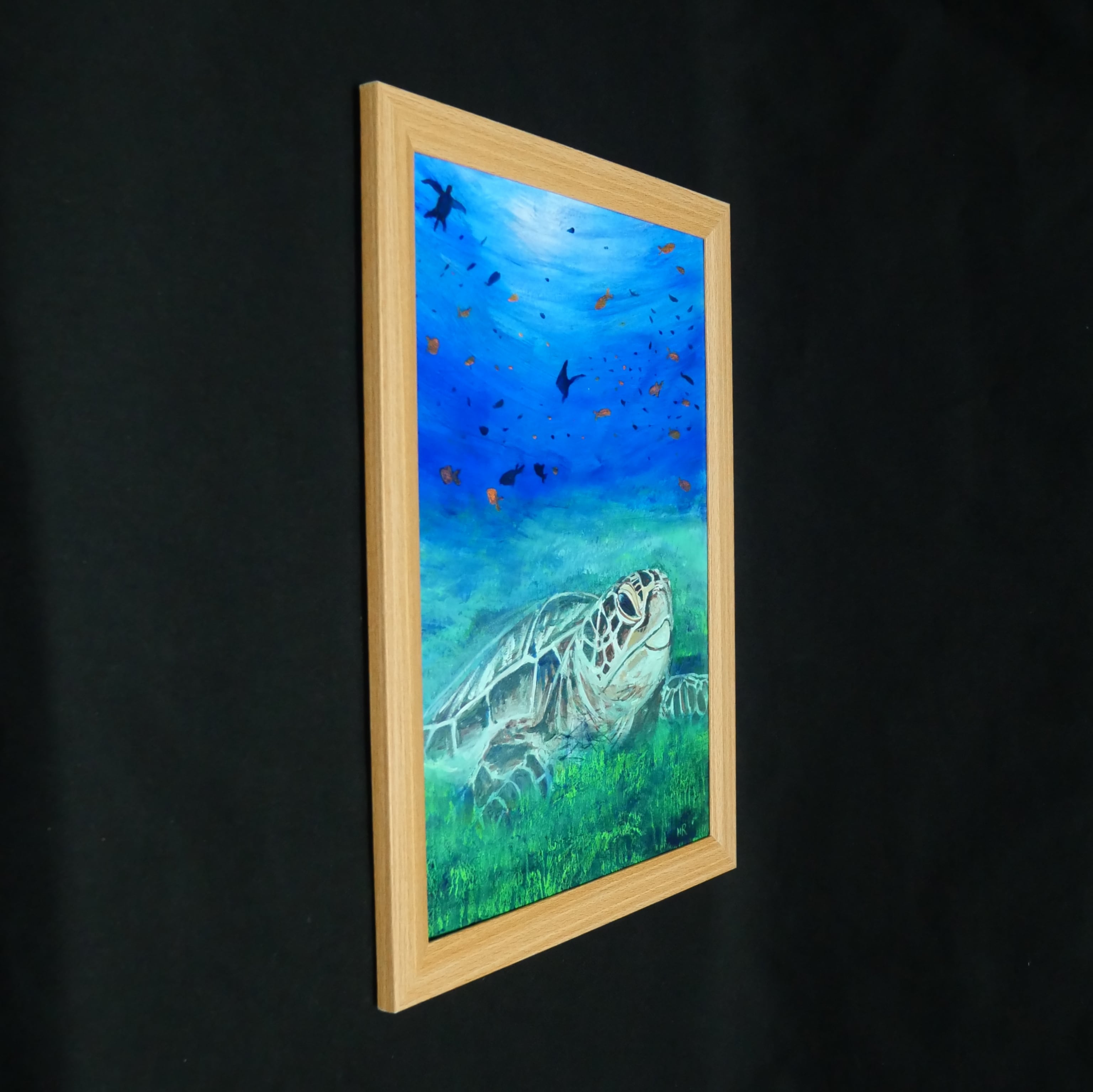 油絵 原画『光射す深海へ〜癒やしのウミガメ〜』額縁付き 絵画 海