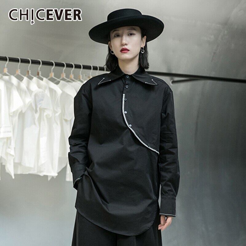 CHICEVERシャツレディースラペル長袖ストライプヒットカラー特大ブラックブラウス2020秋の服 ロング オータム 秋物 6base553867884171