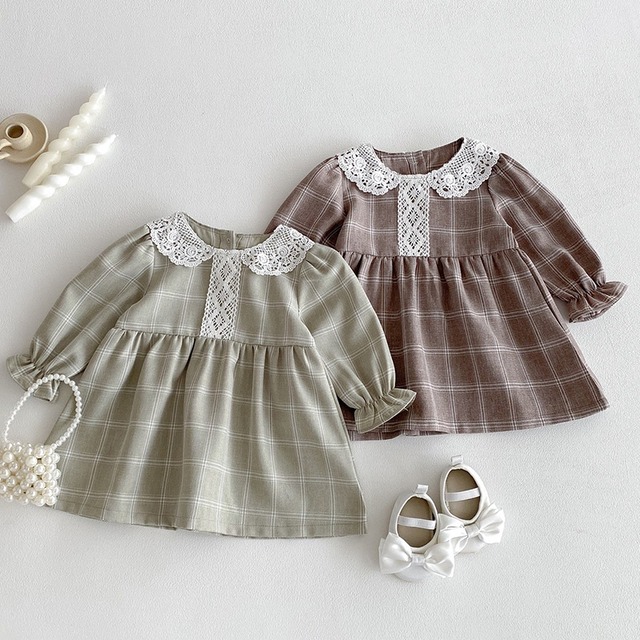 90-120cm｜レース襟チェックワンピース｜姉妹リンク