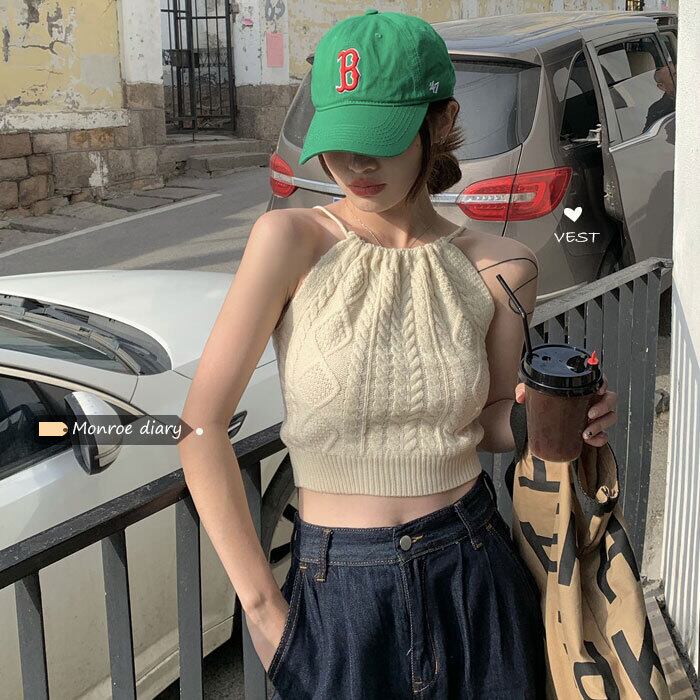 レッドノースリーブホルターバックサマーレディースニットトップス 大人ガーリー スウィート キュート カジュアル 夏物 モンロー48078183321