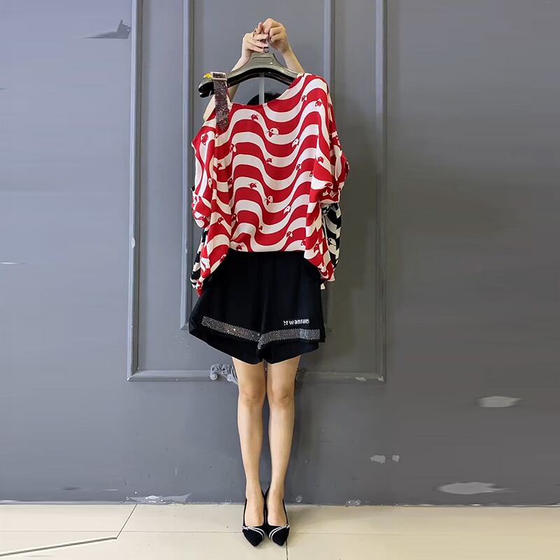 ストライプトップス カジュアルショーツ 大きめサイズ ブルマー ミックスインファッション71690318419