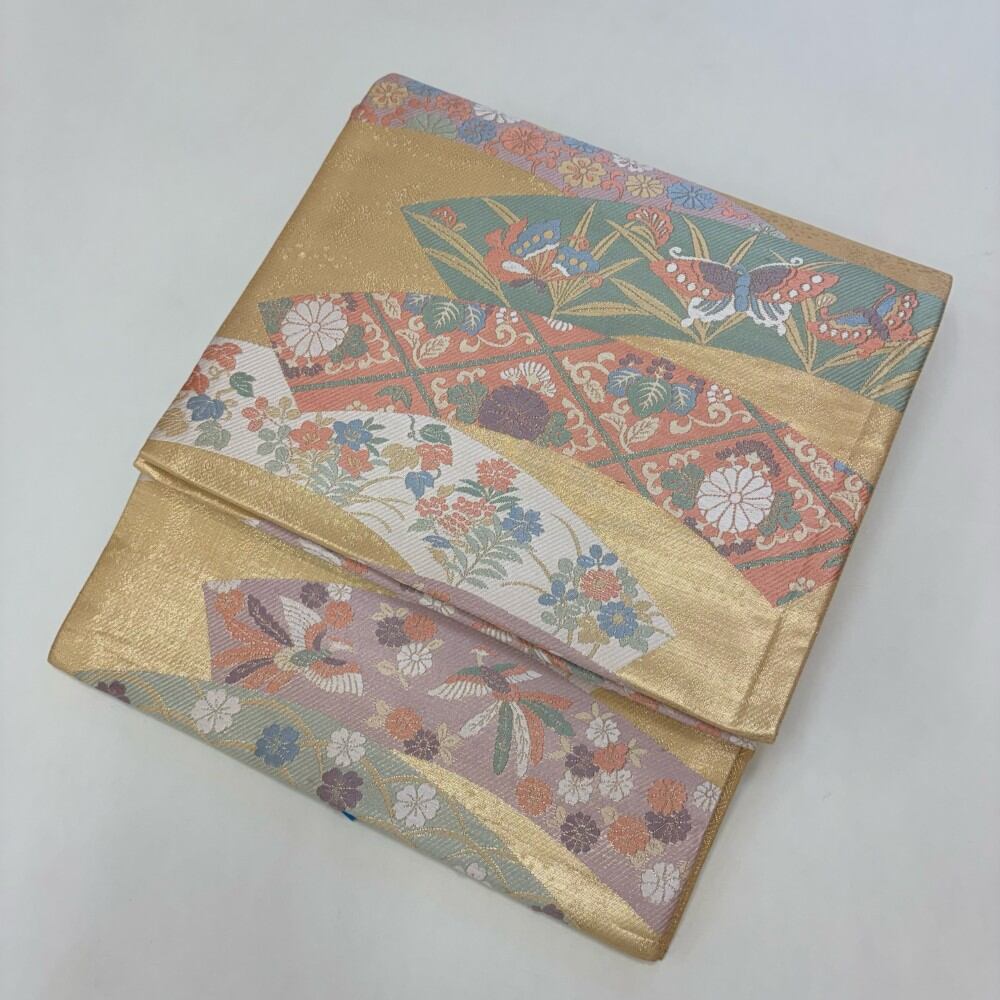 中古 礼装袋帯 正絹 草花 六通柄 ゴールド Aランク 430cm 6061