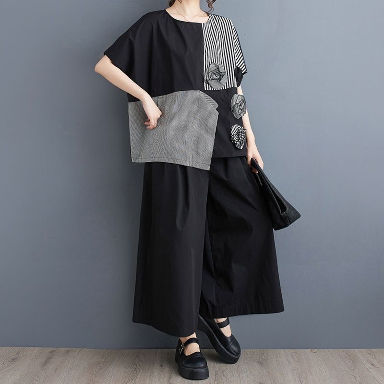 立体花モチーフ パッチワーク トップス  30061