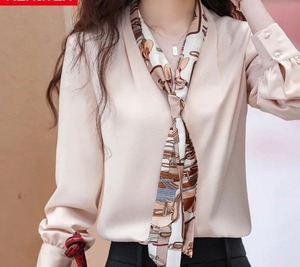 ブラウス レディース シフォン アプリコット ホワイト 長袖 きれいめ こなれ感 オフィス 通勤 Vネック 春 S M L XL 2XL 大きい 小さい サイズ トップス カジュアル エレガント