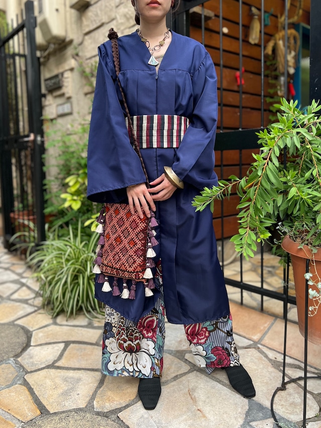 Vintage big size navy simple poly haori dress ( ヴィンテージ ビッグサイズ ネイビー × シンプル ポリ 羽織り ワンピース )