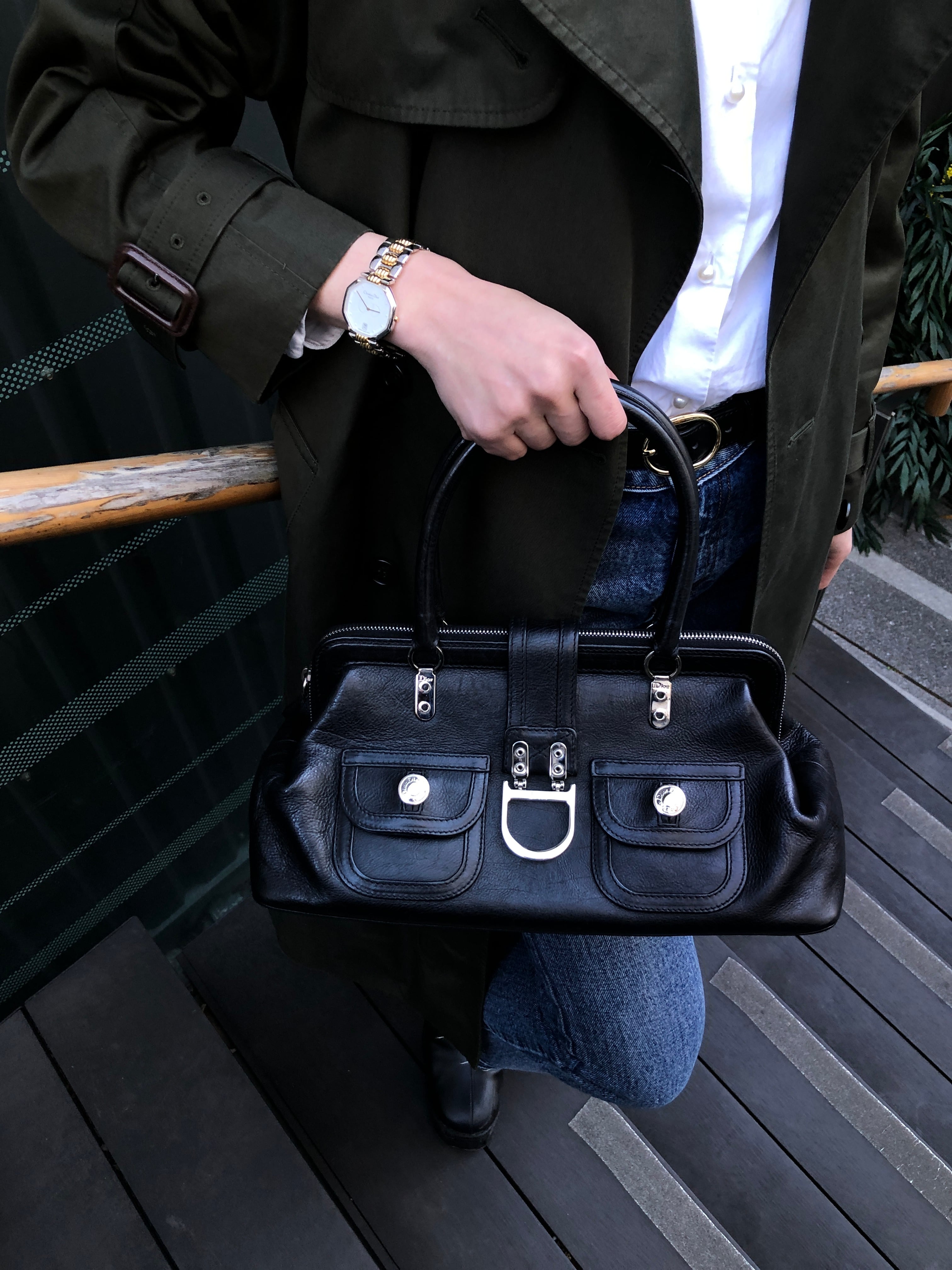 Christian Dior クリスチャン ディオール ハンドバッグ ブラック Dロゴ レザー vintage ヴィンテージ オールド ntaxds