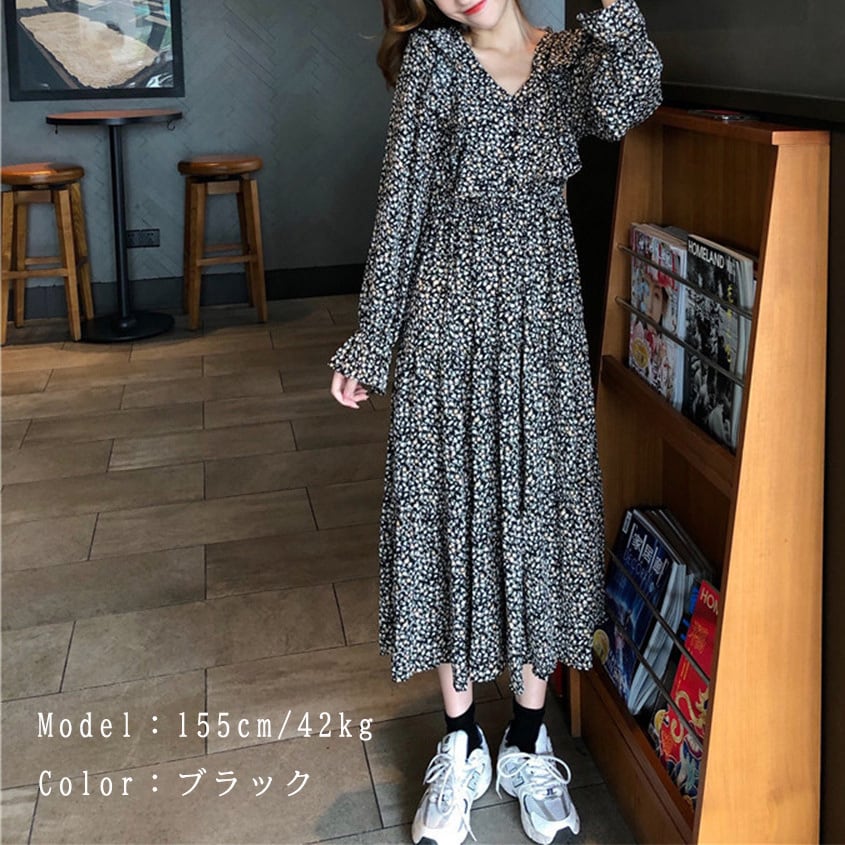即納 One Size プチプラ ワンピース レディース 花柄ワンピース 長袖 ロング丈 シフォンワンピ J146 Luvxy