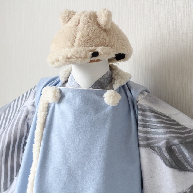 【カジュアル 着物】ふわもこ 被布コート 波/ブラック　80〜110サイズ // 送料無料 //