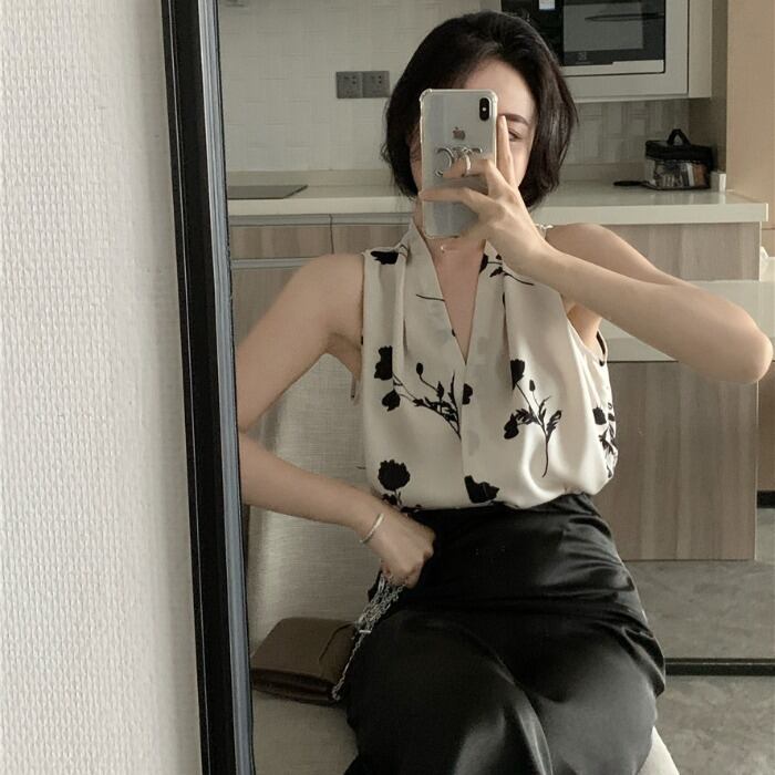 薄手ルーズノースリーブトップス プリントVネックストラップレスレディース ガールズファッション24237443646